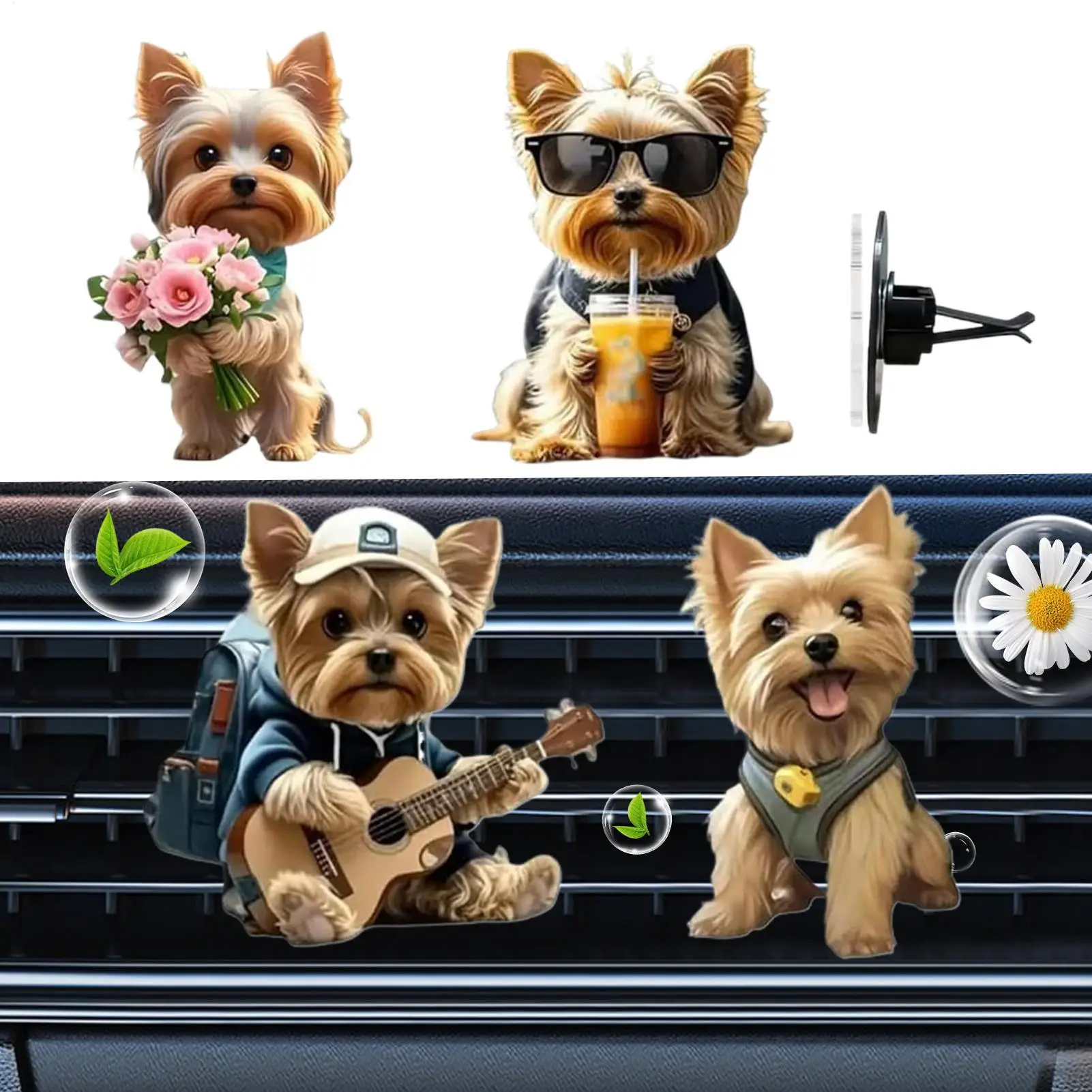 4PCS Cute Dog Shape Car Air Freshener 2D flat Acrylic Solid Fragrance Diffuser Long Lasting Vehicle Odor Remover Vent Clip