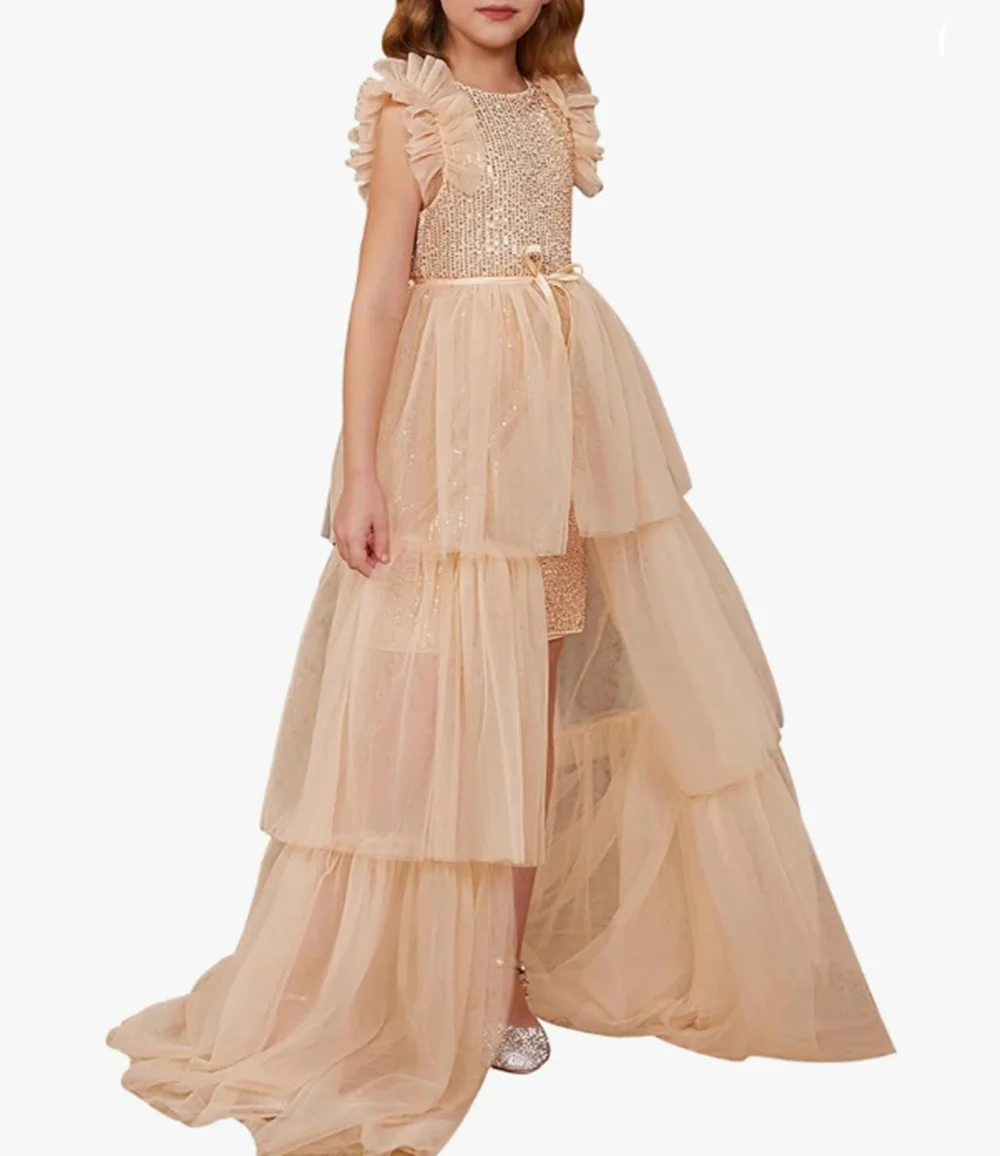 

Sequin ruffle sleeve A-line dress with detachable train for weddings, parties, and first communion