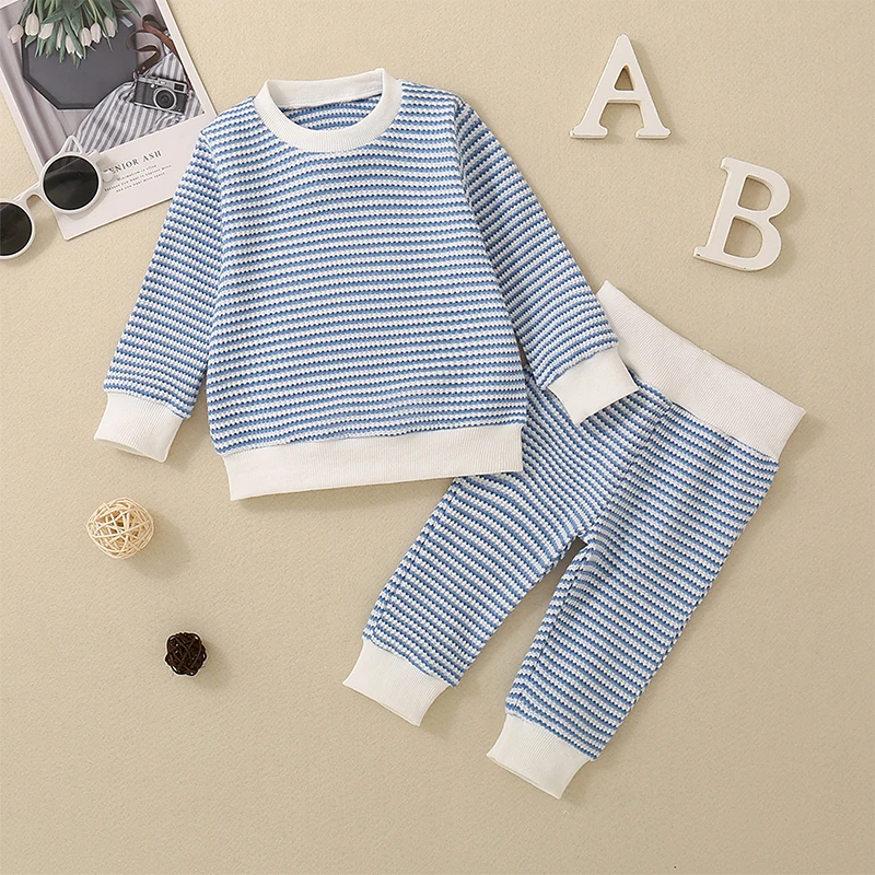 2024-06-05 Lioraitiin Toddler Boys Fall Outfits Waffle Stripe Long Sleeve Sweatshirts and Long Pants 2Pcs Clothes Set