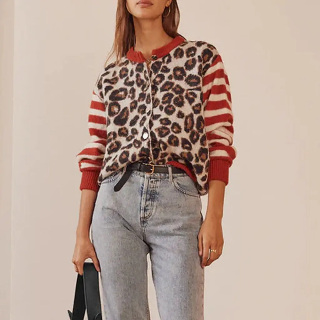 Suéteres vintage Y2K para mujer, abrigo de punto holgado con cuello redondo y botones con estampado de leopardo a rayas estéticas