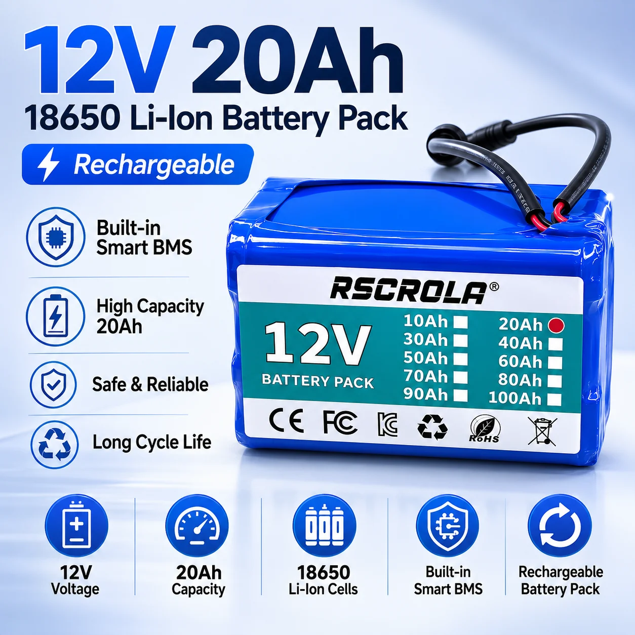 12V 20Ah 18650 Lithium Battery Pack Rechargeable Built-in Smart BMS for Bait Boat Camping Light Power Tools DIY Backup Power