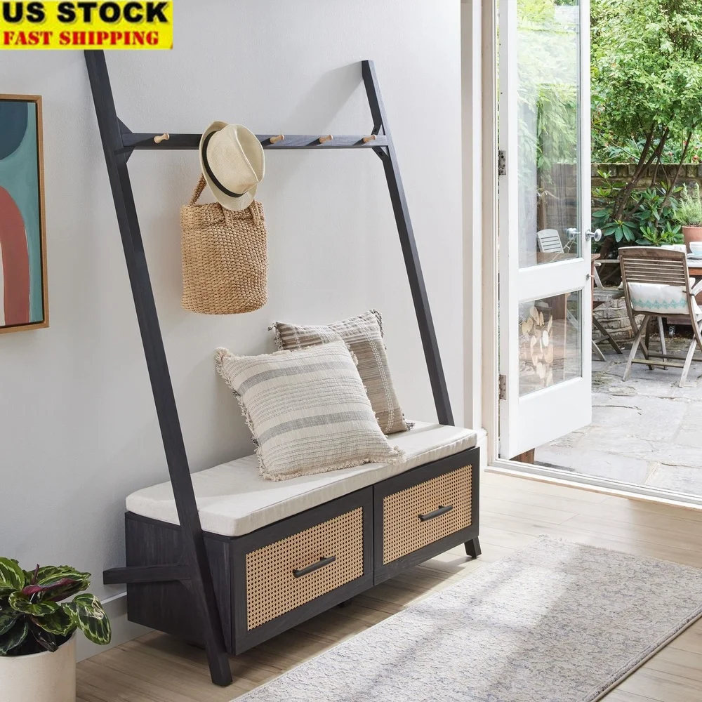 

Entryway Hall Tree with Padded Bench Rattan Drawers Five Hooks Coats Shoes Storage Wall Anchor Minimalist Design 68.7H x 54W x