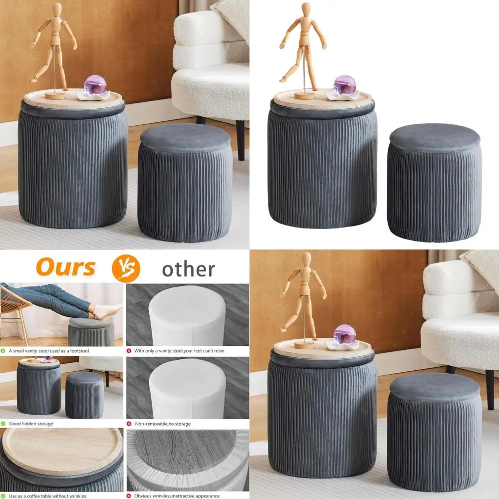 

Комплект из 2 пуфов для хранения – обитый бархатом табурет для туалетного столика, многофункциональные пуфы с крышкой-лотком, светло-серый