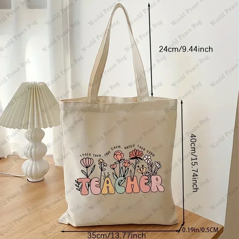 FD03 Teach Them, Love  Watch Them Grow Pattern Tote Bag, Floral Teacher Shoulder Bag