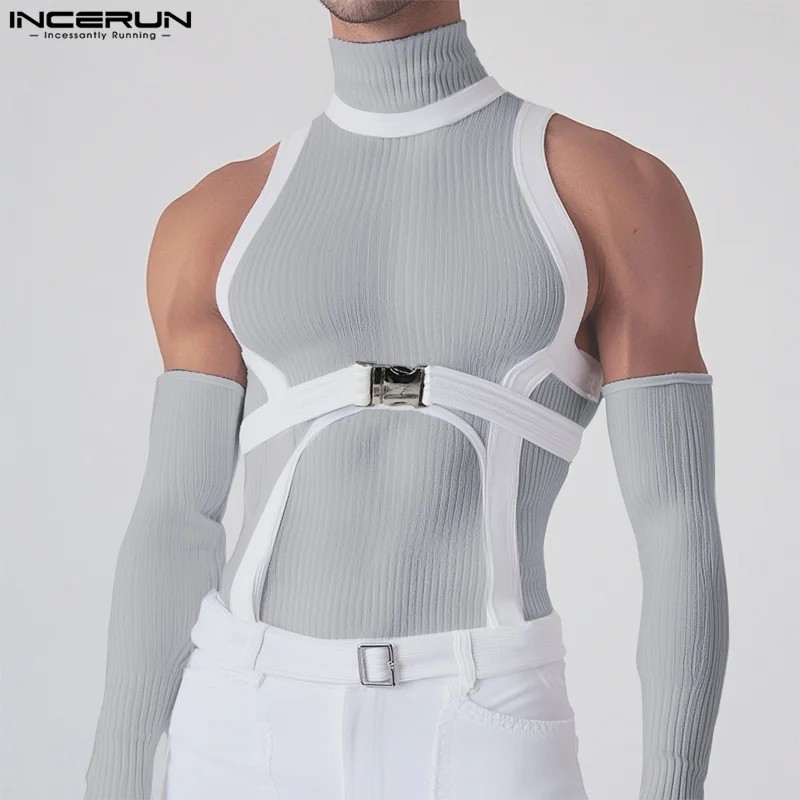 INCERUN Men T Shirts Patchwork Turtleneck Off Shoulder Long Sleeve Casual Men Clothing Streetwear 2025 Skinny Camisetas Sexy