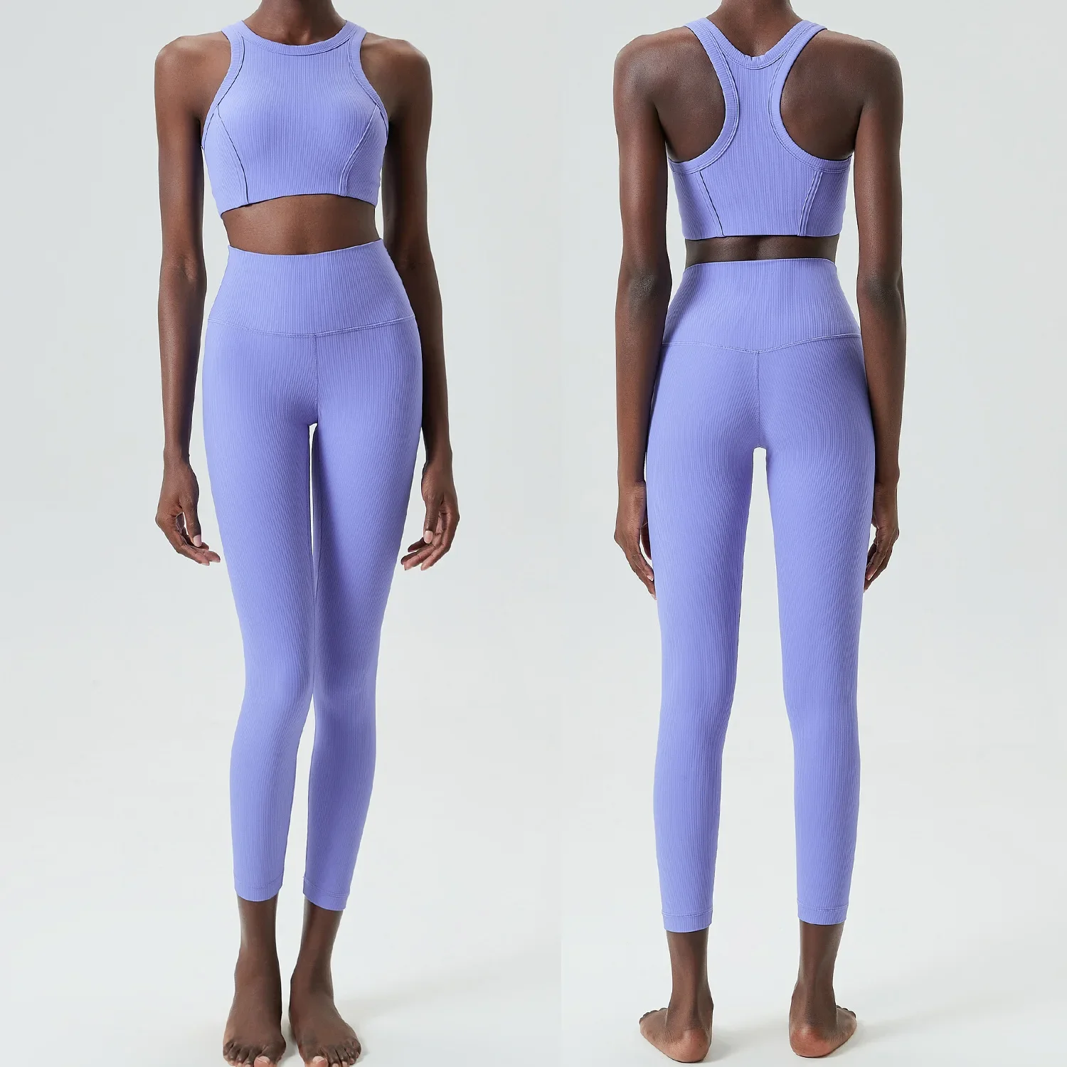 ชุดออกกำลังกายโยคะสองชิ้นสำหรับผู้หญิง สีพื้น ผ้าริบ ชุดออกกำลังกายแบบกระชับรูป ระบายอากาศได้ดี เหมาะสำหรับวิ่งและเล่นกีฬา ชุดออกกำลังกายสำหรับผู้หญิง