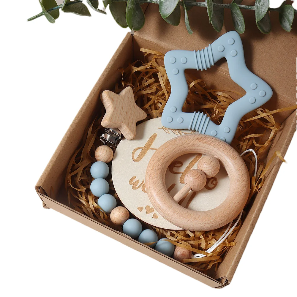 New born baby gift set silicone star teether wooden rattle Photography props