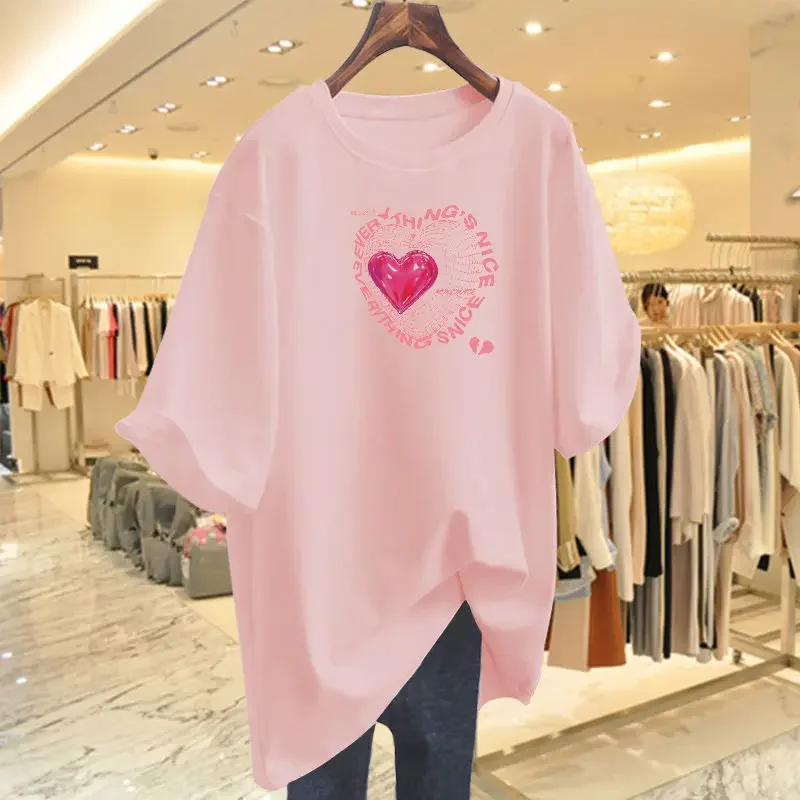 Women Fashion Love Printed Basics Tee Shirt Summer Short Sleeve Pure Cotton Casual Crew Neck Pullover Lady Top Tee