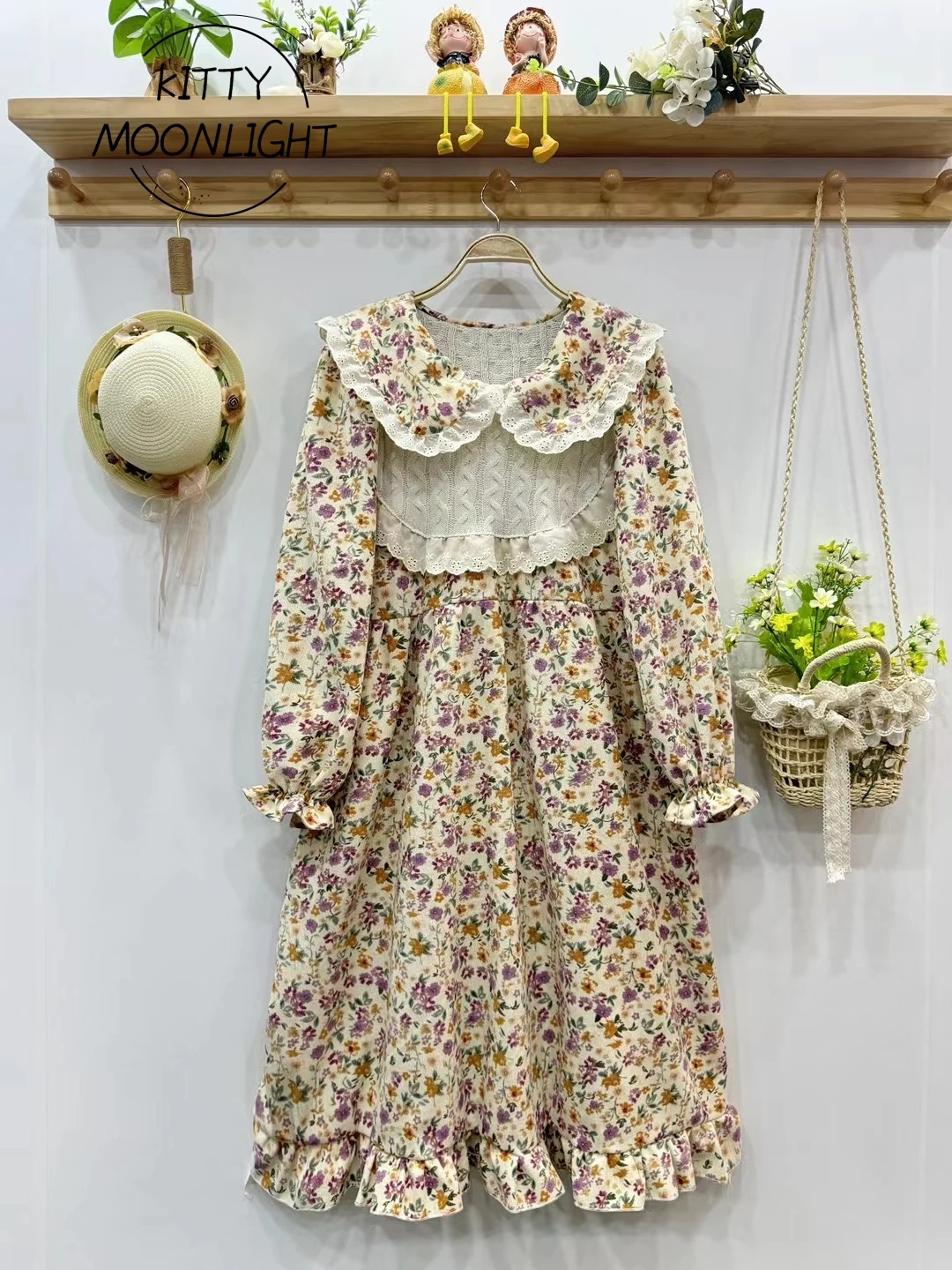 Vintage Floral Printed Corduroy Dress For Women Autumn Japanese Mori Girl Kawaii Lace Doll Collar Casual Loose Long Dresses