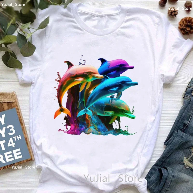 Funny Dolphin Print T Shirt Women Clothes 2024 World Of Whales Tshirt Femme Harajuku Shirt Summer Fashion T-Shirt Female