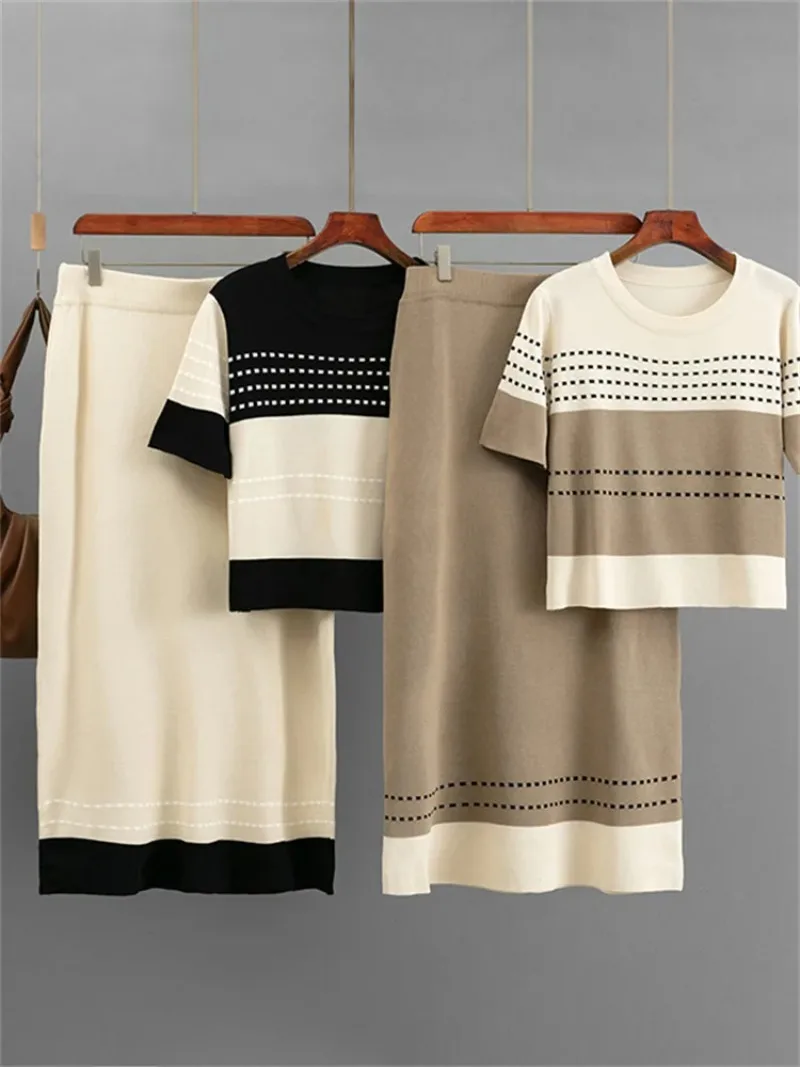 

Модный вязаный комплект, женский новый стиль, контрастный цветной топ с короткими рукавами, полуюбка, комплект из двух предметов