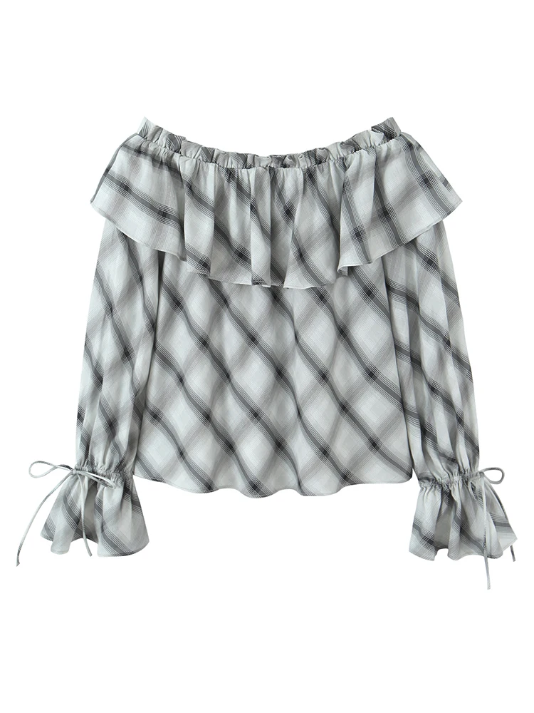 

Женские клетчатые блузки с открытыми плечами, свободные топы с расклешенными рукавами и оборками, рубашки