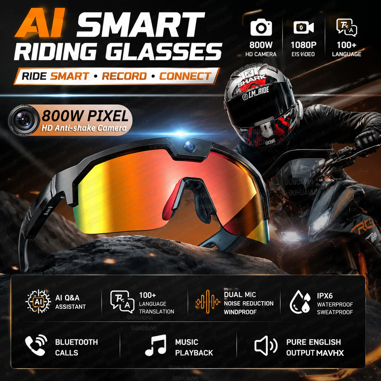 AliExpress GUHUAVMI 2026New AI Smart Glasses 1200P Camera 4K Anti-Shake Cycling Windproof Goggles AI Voice Translator Call Open Ear Audio Sunglasses