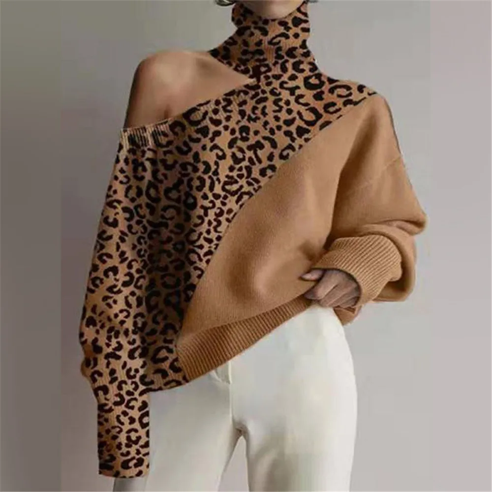 

Y2KWomen'S PersonalizedCasualKnitwearSweaterHigh CollarOff ShoulderLong Sleeve,Leopard, Monochromatic, New, Autum