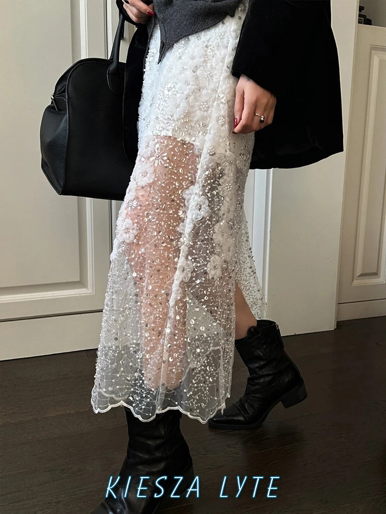 Luxury 2024 Spring/Summer White Skirt Women\'s A-line Long Skirt with Pearls and Sequins High-quality Mesh Perspective Elegant