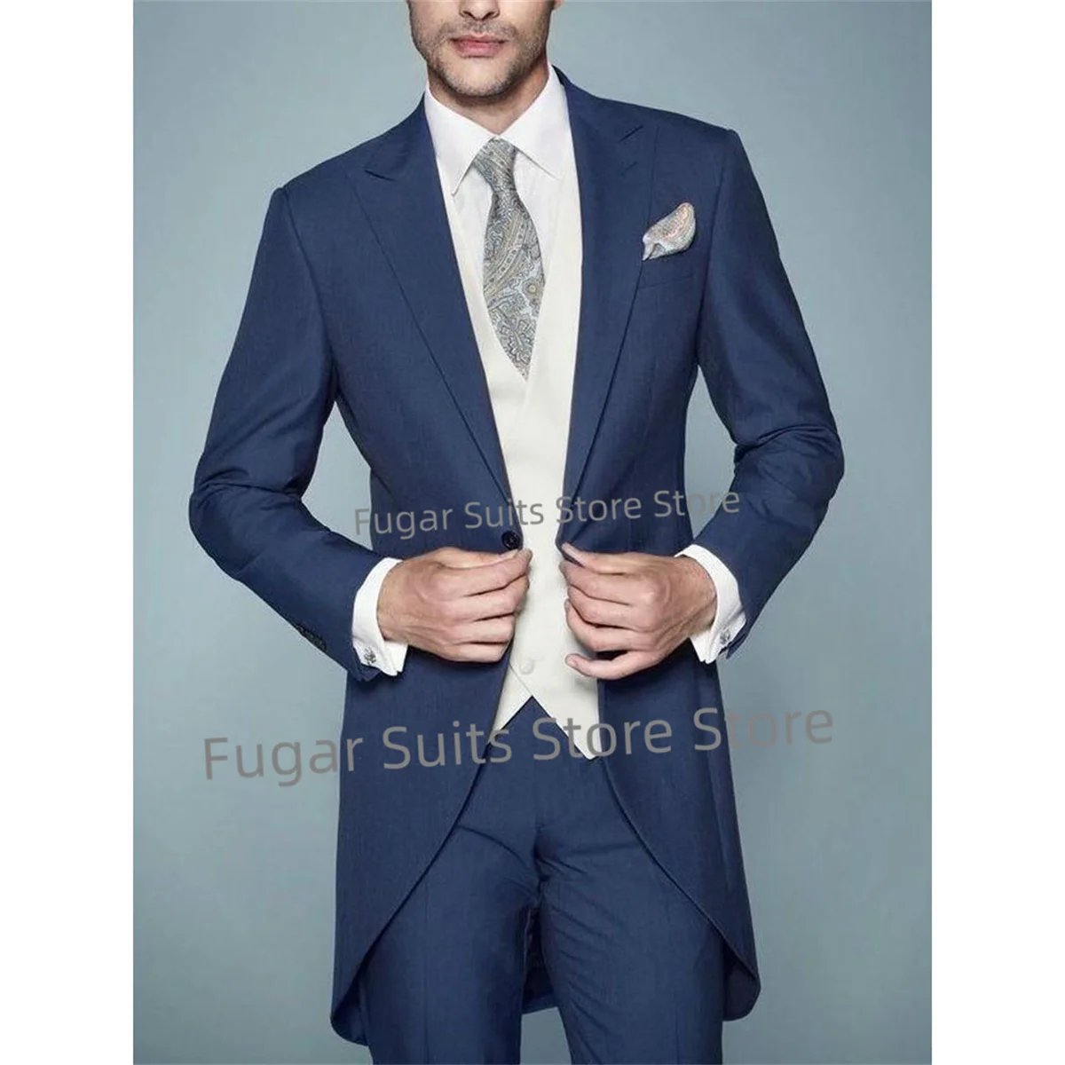 

Businhess Navy Blue Long Suits for Men Slim Fit Peaked Lapel Groom FormalTuxedos 2 Pieces Sets Elegant Male Blazer Costume Homme