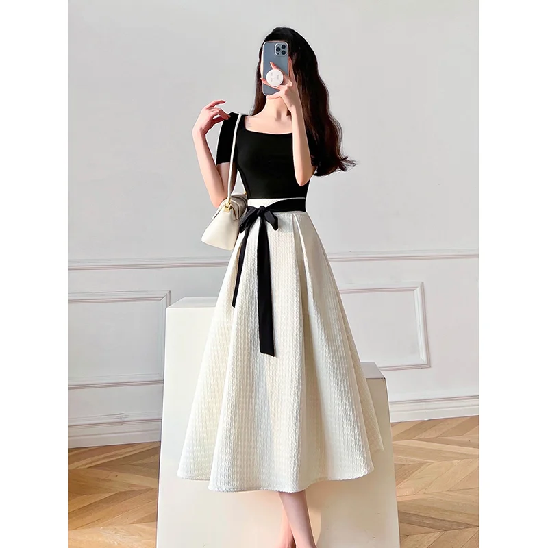 New Spring and Summer Women's Solid Color High Waist Loose Short Sleeve O-Neck A-Line Two Piece Set Fashion Casual Skirt