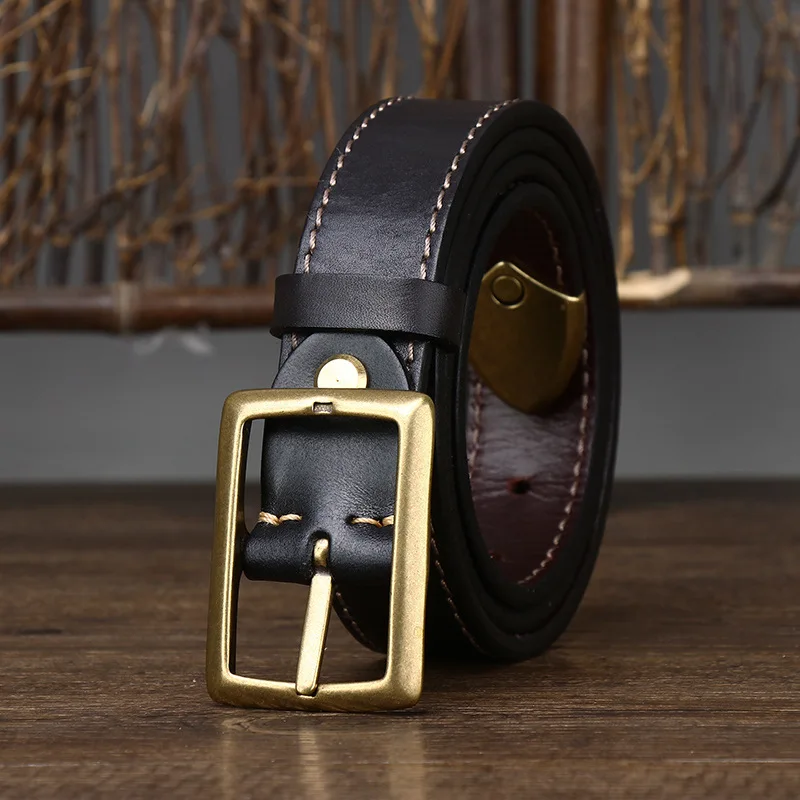 3.3CM wide thickened Italian vegetable tanned first layer cowhide double-sided belt men's leather pin buckle belt