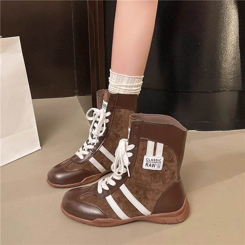 

Коричневые замшевые ботильоны на толстой подошве в стиле ретро, женские зимние удобные нескользящие кроссовки на плоской подошве со шнуровкой 202, женская повседневная обувь Y2K