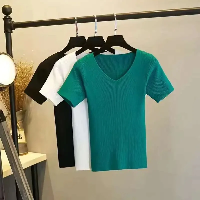 

Летняя женская футболка, модная тонкая базовая футболка с v-образным вырезом и короткими рукавами, топ, женская повседневная футболка