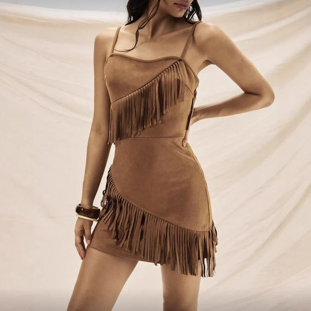 

Women Faux Suede Fringe Bodycon Mini Dress 2026 Chic Asymmetrical Tassel Cocktail Dress Sexy Spaghetti Strap Club Party Dresses
