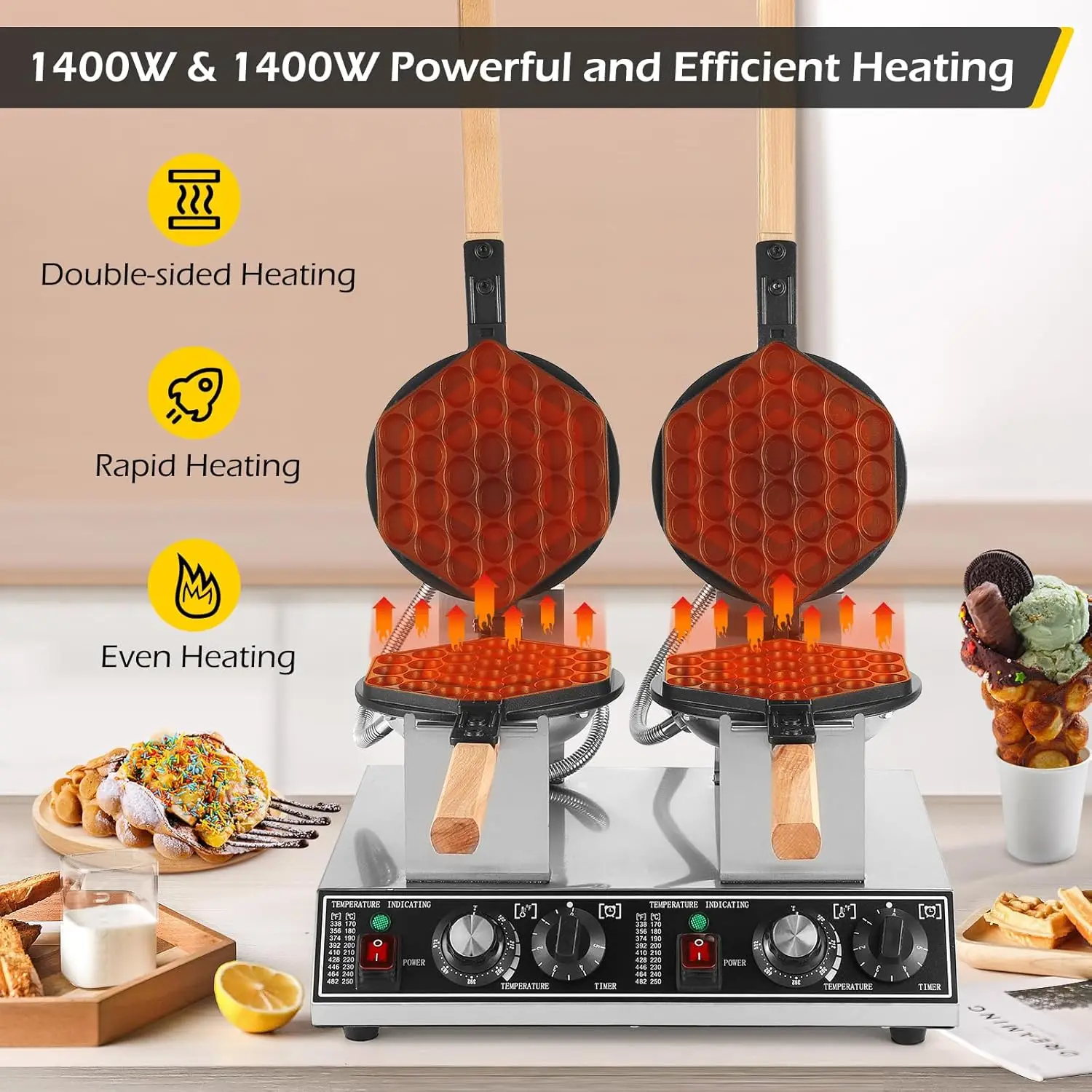 Double Bubble Waffle Maker Commercial Egg Puff Waffle Maker, 1400W&1400W Egg Bubble Waffle Maker, Non-stick Hong Kong Bubble Waf