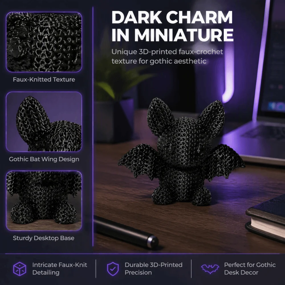 3D Printed Mini Knitted Texture Bat Figurine Crochet-Style Faux-Knitted Halloween Bat Sculpture Plastic Aesthetic