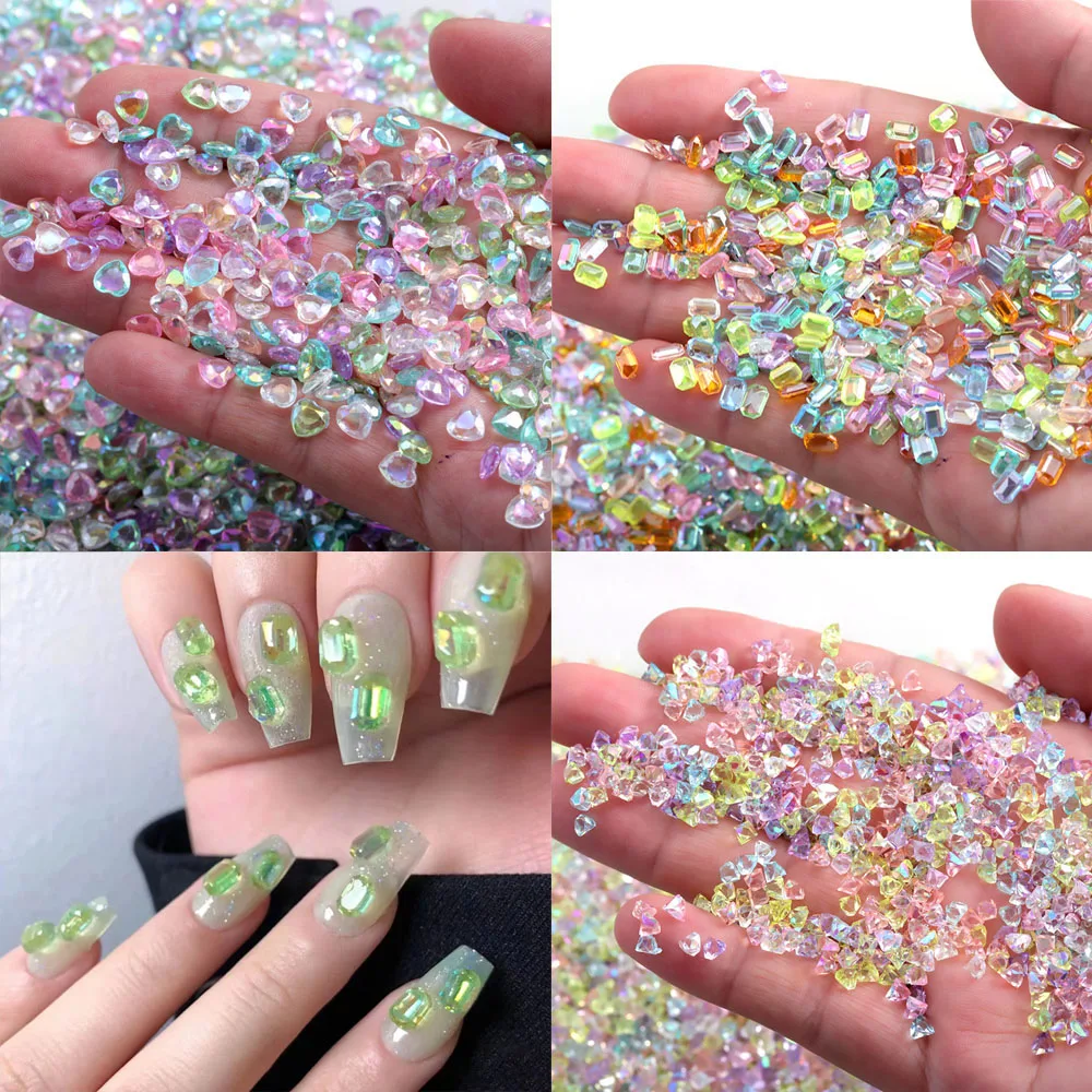 100Pcs/Pack 3D Resin Aurora Nail Art Rhinestone Octagonal Heart Diamond Decorations Shiny Iredescent Crystal Nail Charms Jewelry