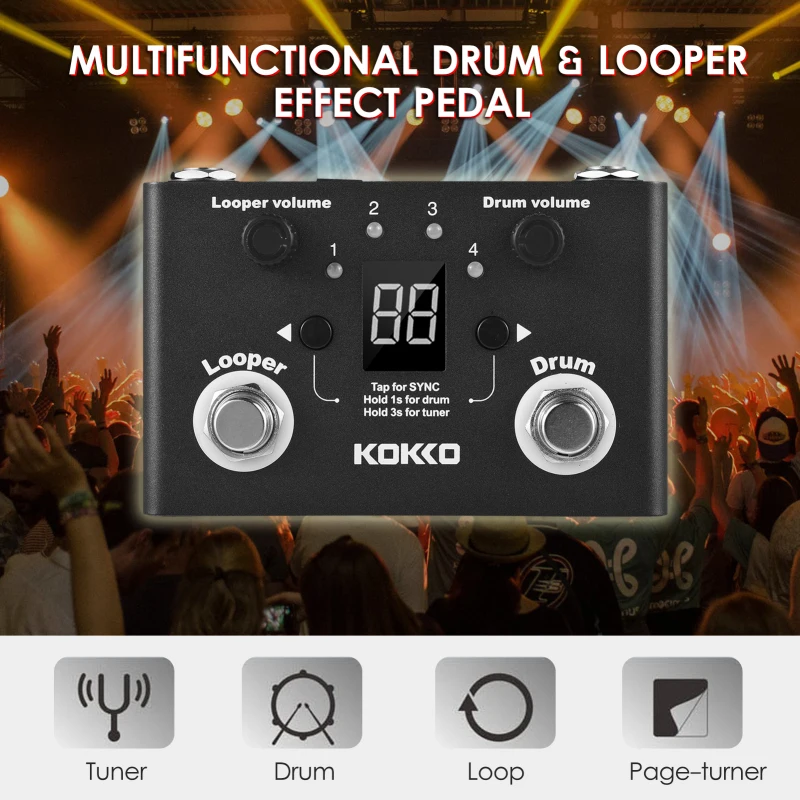 KOKKO FLD-1 Multifunctional Drum Machine & Looper Effect Pedal Digital Tuner BT Page-Turner Phrase Loop Recording Compact Pedal