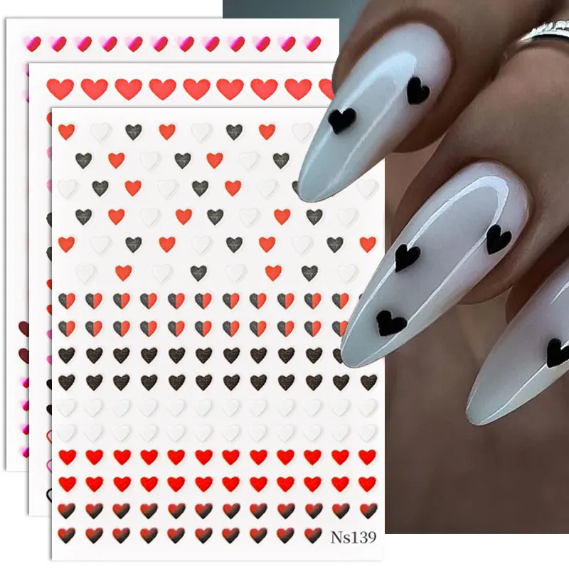 Czarny biały wzór serca miłosnego 3D naklejka na paznokcie na walentynki brokat czerwony samoprzylepny suwak naklejki Manicure NailDecoratio