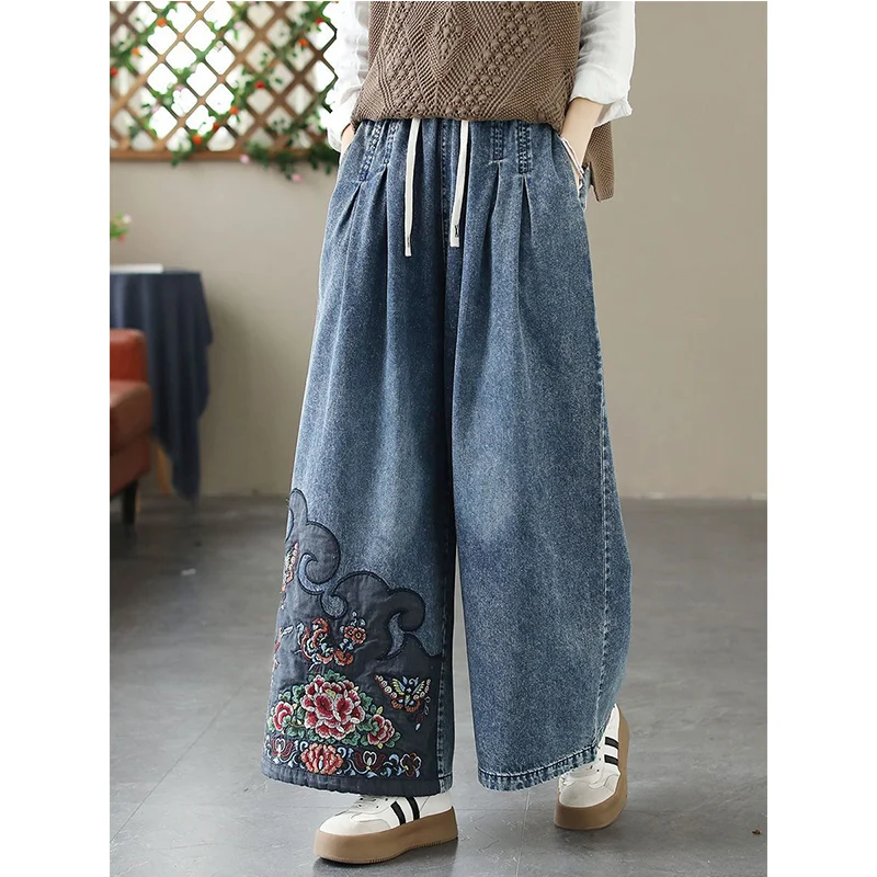 Vintage Embroidered Jeans Spring Autumn New Office Lady Pocket High Waist Wide Leg Pants All-match Irregular Elastic Waist Pants