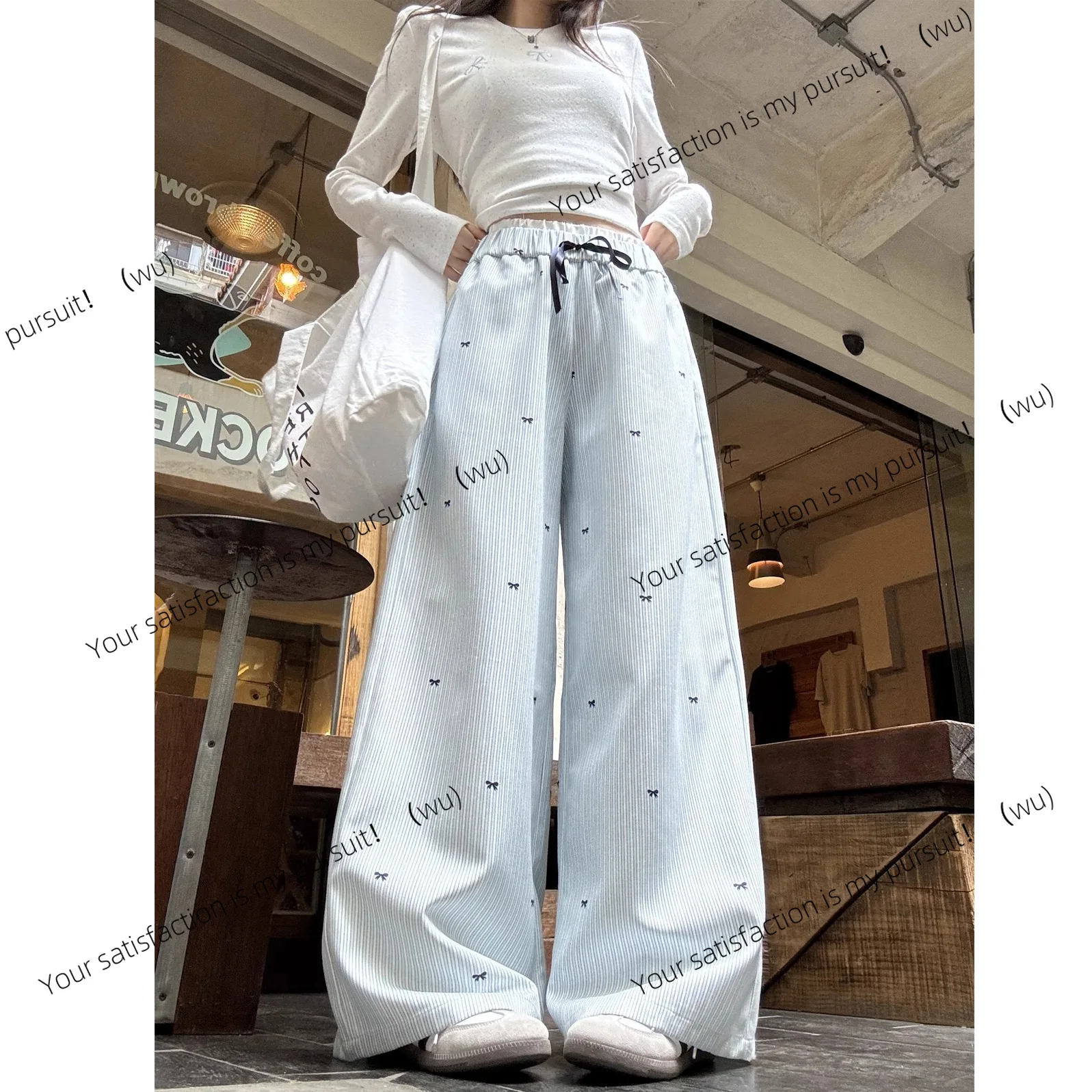 Pantalones de pierna ancha a rayas azules coreanos, pantalones casuales rectos de cintura alta de verano para mujer, pantalones de nicho con sentido de diseño