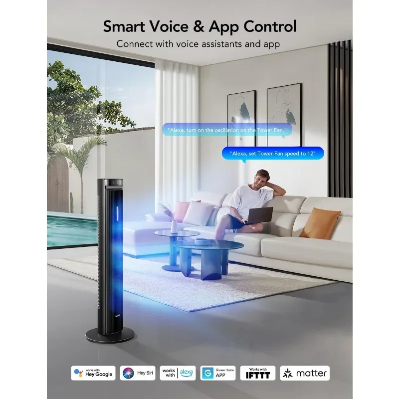 Smart Floor Fans with 150° Adjustable Oscillating, APP & Voice Control, 5 Modes 12 Speeds up to 26ft/s, 24H Timer, 27dB Quiet