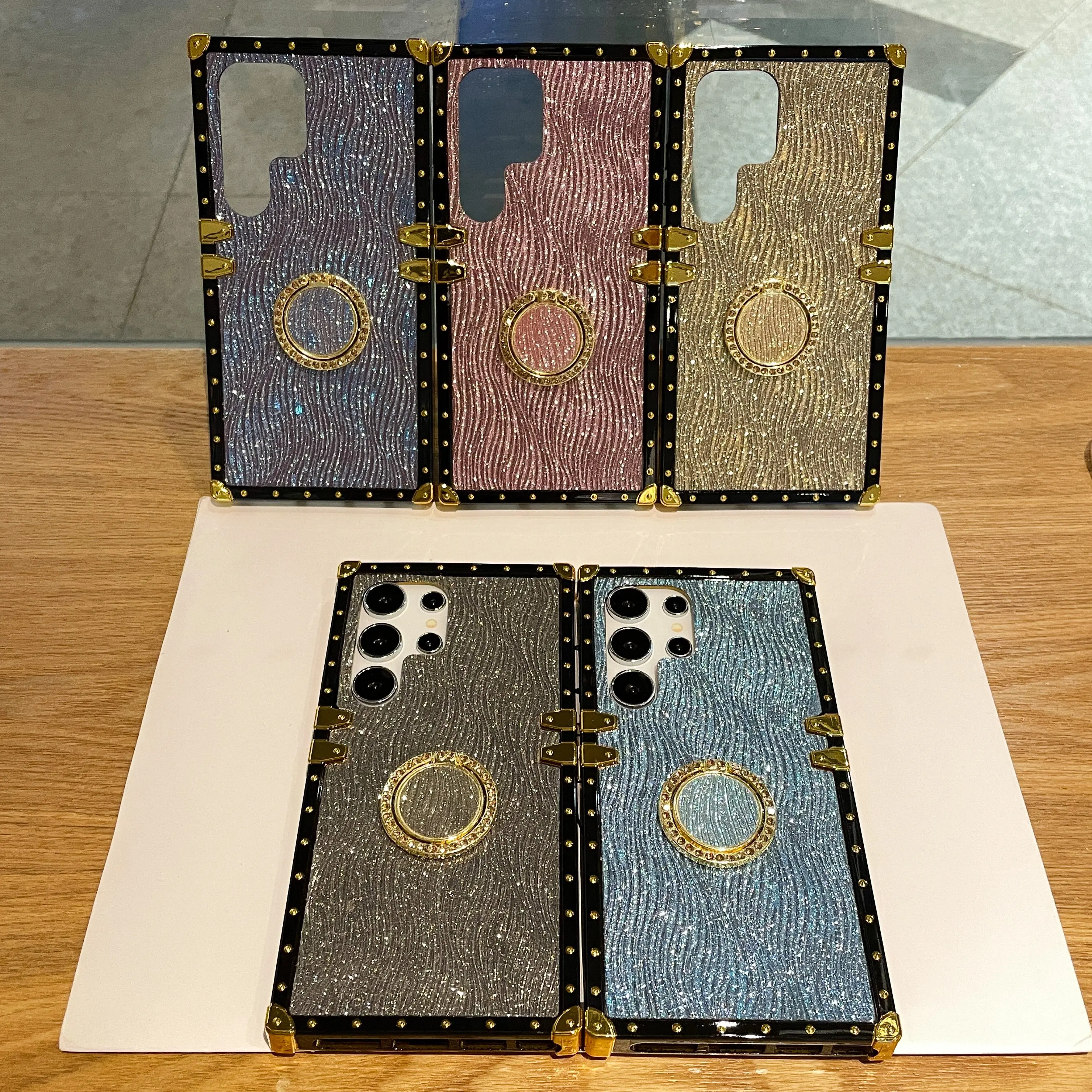 

Glitter Water Ripples Case for Samsung Galaxy S25 Edge S24 S23 S22 S21 Ultra Finger Ring Holder Straight Edge Shockproof Cover