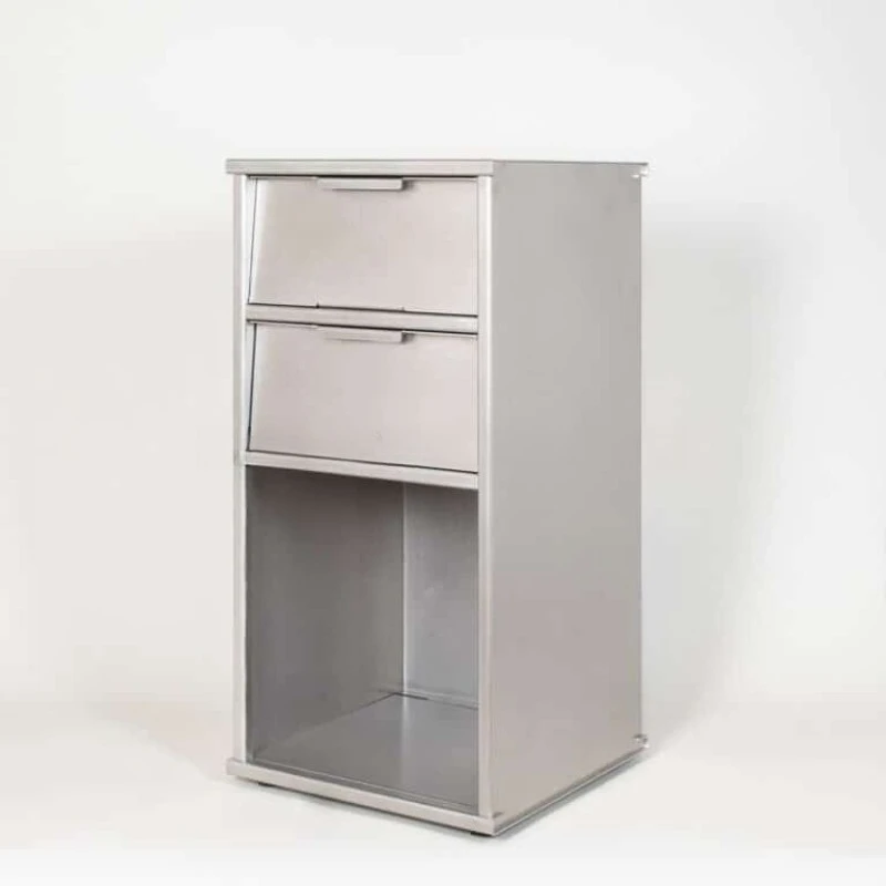 Handmade cabinets, simple freestanding furniture primary color stainless steel with hand brushed details, hotel and home