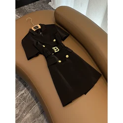 Hot New Fashion Classic Black/White Short Sleeve Pure Color Buttons Office Lady  Blazer Dress with Belt