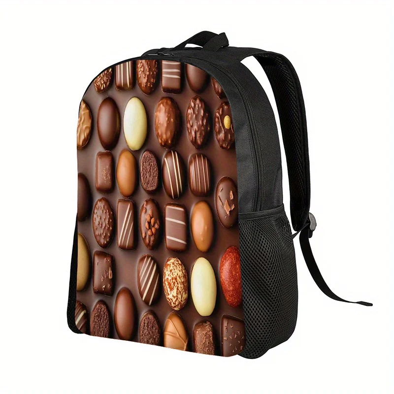 

Рюкзак с 2D-принтом в виде шоколада - большой объем и легкий вес. Разнообразные формы шоколадных конфет. Легкий