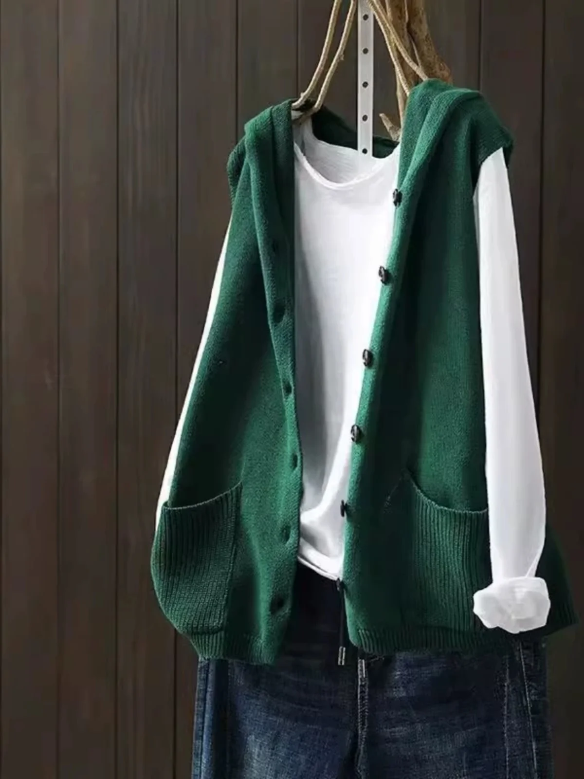 

High-End Brand Autumn Winter Vintage Color Knitted Women's Large Size Svel Hooded Vest Jaet Faion Trend