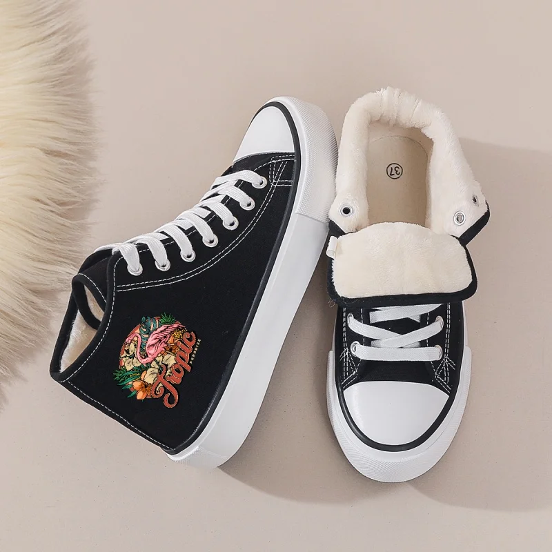 

Women's Black Fleece-Lined Canvas Sneakers: High-Top Lace-Up with Cartoon Print. Warm for Autumn & Winter Casual Daily Wear.