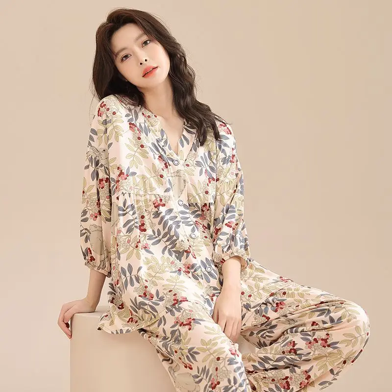 Baggy Pajama Sets Women Casual Chic Spring Vintage Printed Home Lounge Wear Lady Sleep Breathable Stylish Korean Fashion 2023