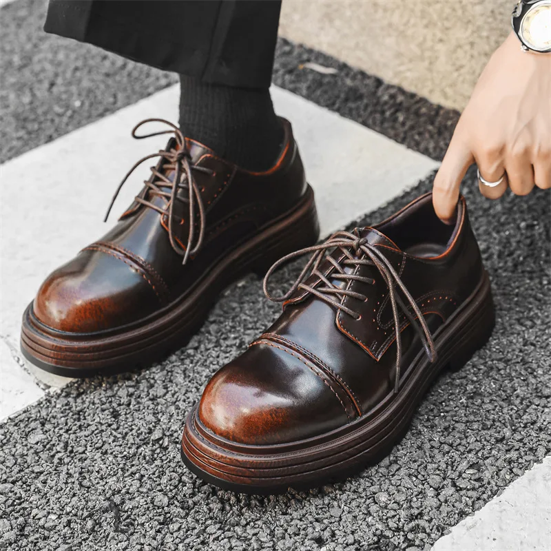 Height Increasing Vintage British Men Casual Leather Shoes Dress Tooling Boots Outdoor Business Loafers Spring Summer Shoes