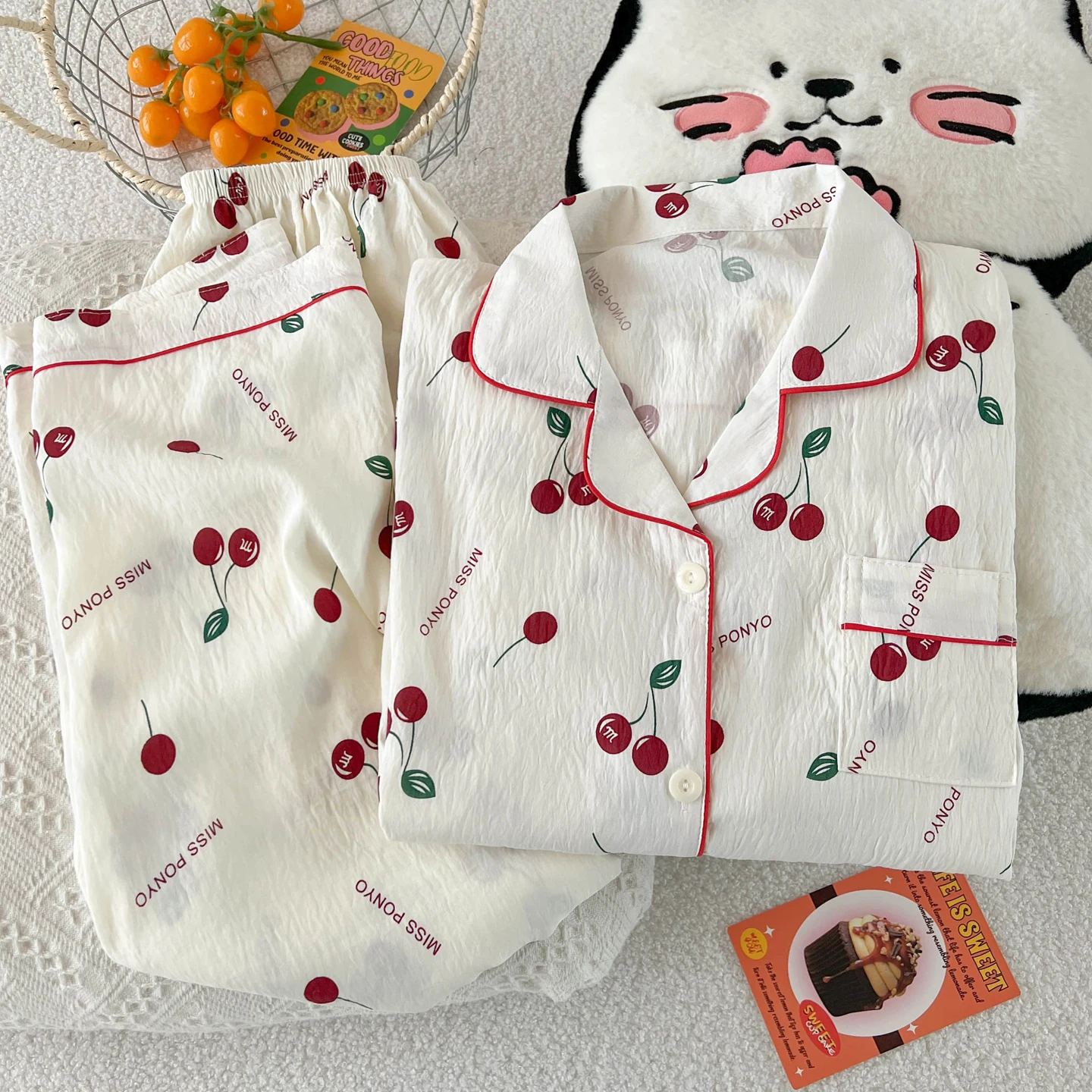 Long Sleeve Cloud Cotton Sleepwear Set for Women Spring Autumn New Style Two Piece Comfortable Home Clothes Red Cherry INS Style