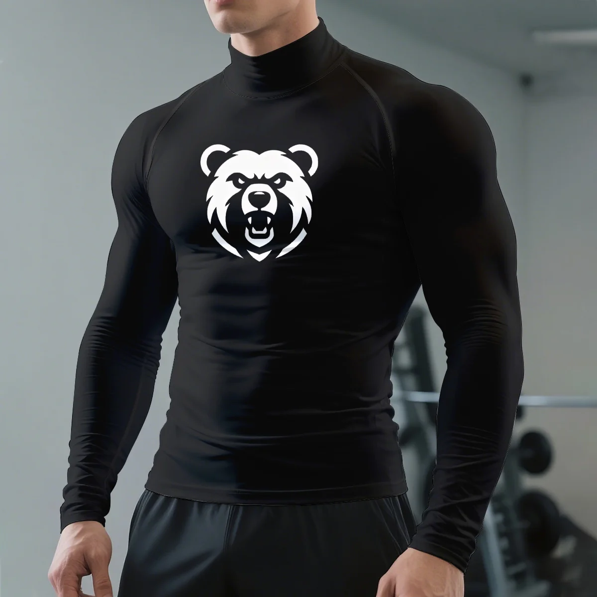 

2025 Autumn and winter semi-high neck long-sleeved T-shirt The bear 3D printing men's Clothes sports fiteness long-sleeved top