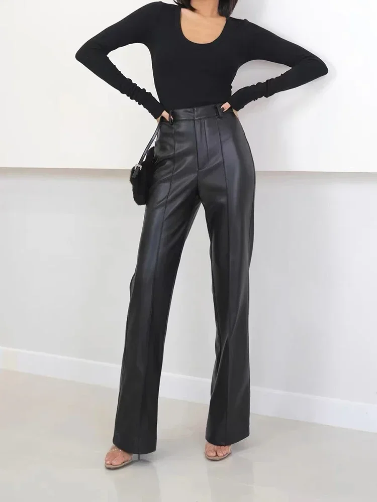 High Waist Matte Leather Pants Women Faux PU Straight Pants Office Lady Vintage Stretch Slim Floor Length Trousers New Custom