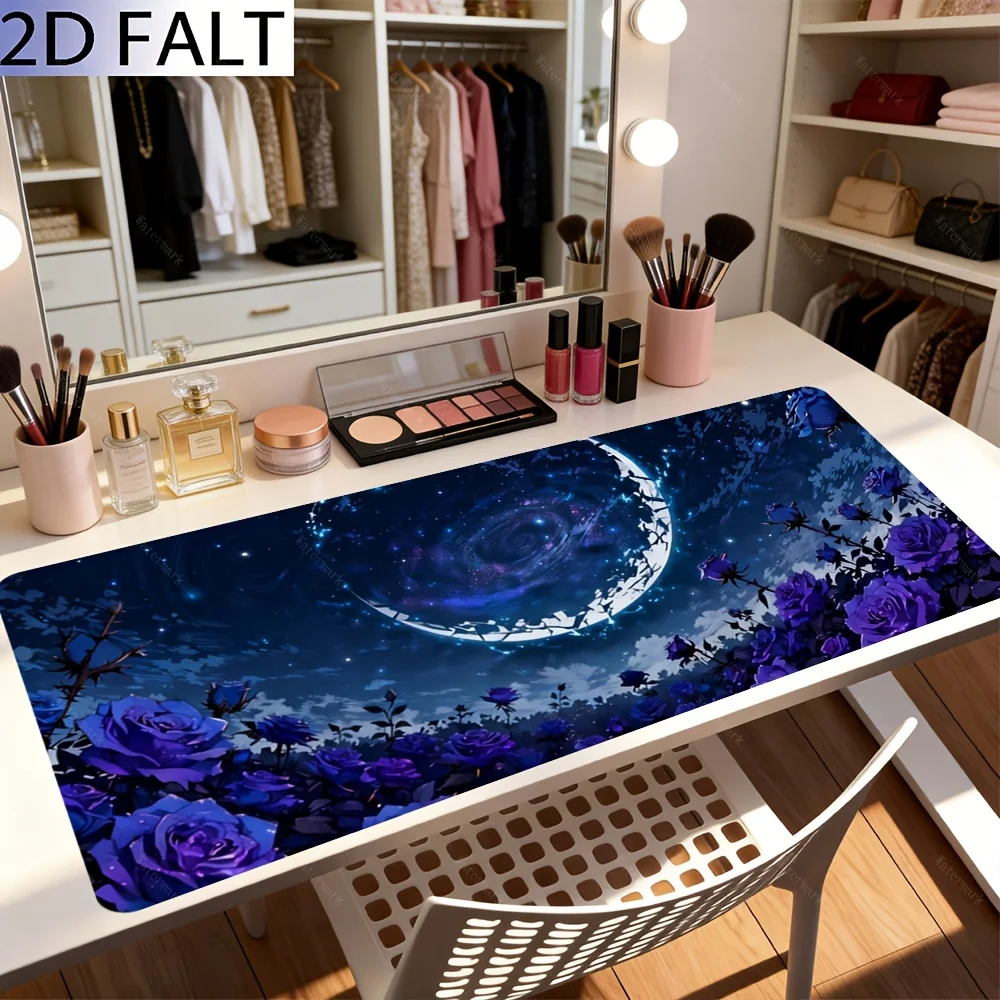Extra Large, Non-Slip Desk Mat, Mouse Pad, Dark Blue Starry Sky Swirl with Purple Rose Bush Pattern Suitable for PC Office Desk