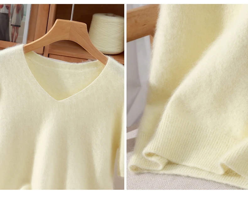 Damen 100% Reiner Nerz-Kaschmir V-Ausschnitt Pullover T-Shirt Einfarbig Gestrickt Modisch Vielseitig Kurzärmeliger Pullover – Detail 17