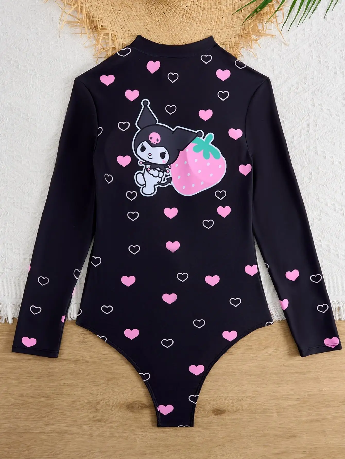 Women Kuromi One Piece Swimsuit Long Sleeve Heart Print Zipper Surfing Swimwear