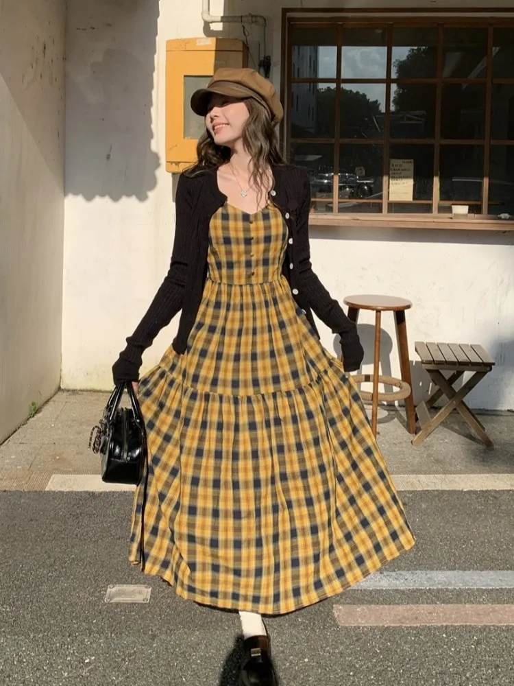 

plus Size Women's Vintage Japanese Plaid Waist Cinched Slim Strap Dr Knitted Two Piece Set Ci Commute Sle High Waist A...
