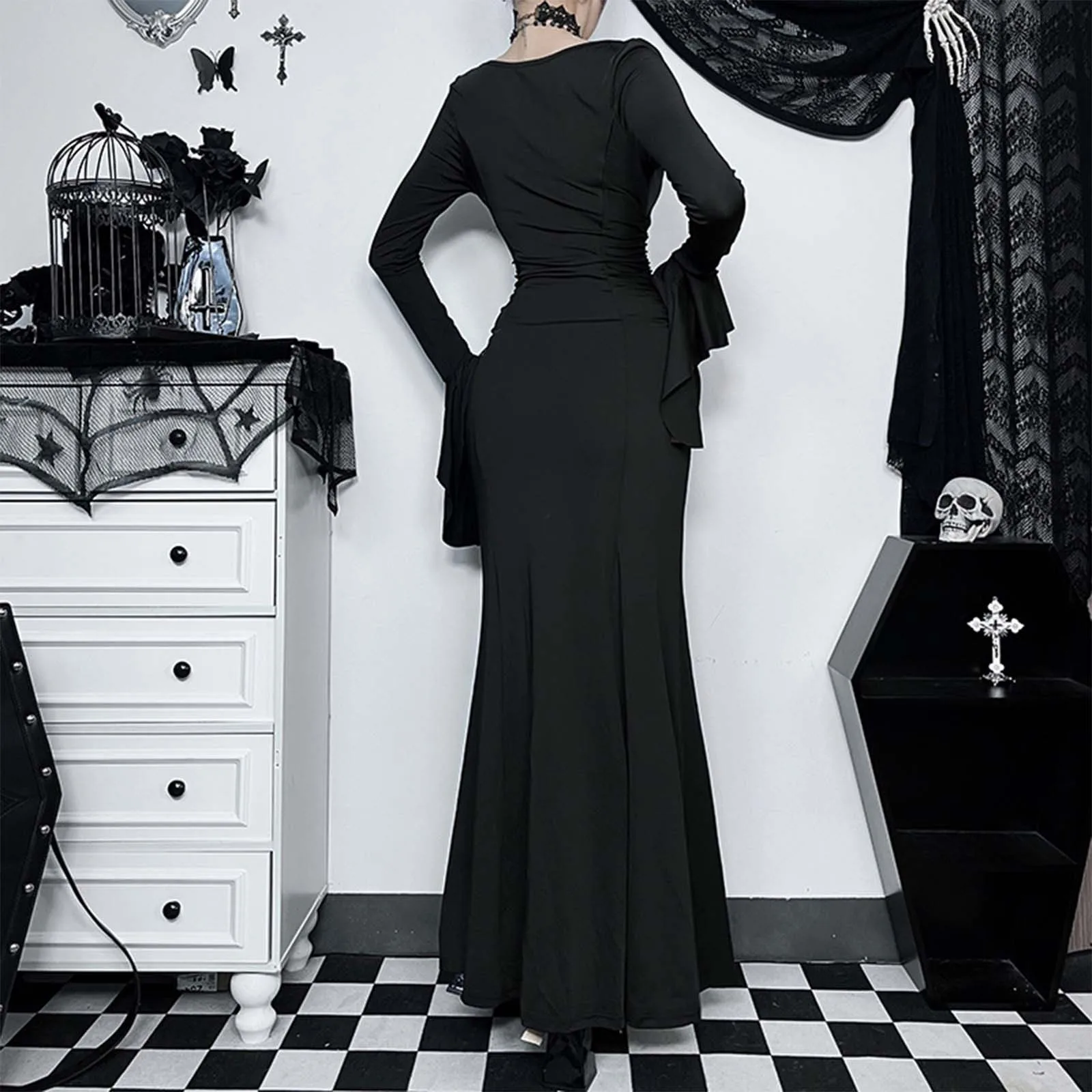 Halloween Slim Fitting Dress Elegant Ladies Slim Black Low Cut Ruffled Sleeve Long Dress Evening Black Maxi Dresses Size S-XL