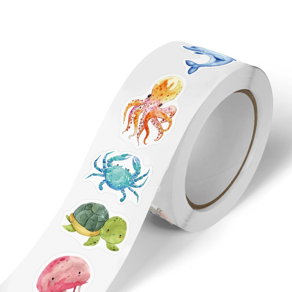 

500pcs/roll Cute Children's Marine Animal Stickers Roll Kids Packaging Pack Rolling Decals Photocard Decor Lables